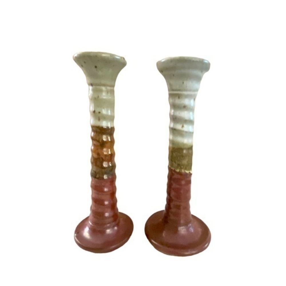 Handmade Artisan Pottery Candlesticks Pair of Two Earthy Color Tones